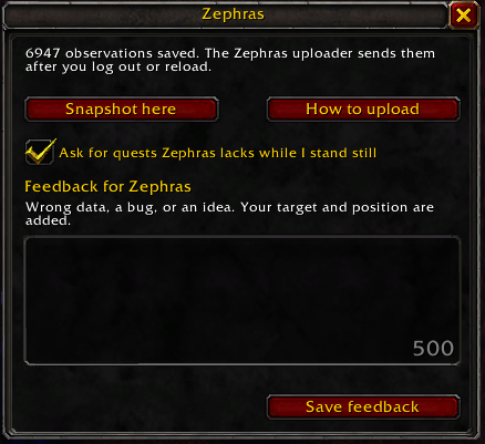 The Zephras panel in game: how many observations are saved, Snapshot here and How to upload buttons, the ticked checkbox Ask for quests Zephras lacks while I stand still, and a feedback box with a Save feedback button